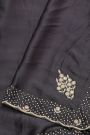 Designer Crepe Black Saree With Florals And Diamonds With Kardhana Work Border