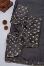 Designer Crepe Black Saree With Florals And Diamonds With Kardhana Work Border