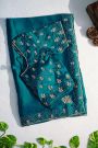Designer Crepe Peacock Blue Saree With Florals And Diamonds With Kardhana Work Border