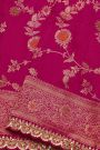 Designer Georgette Magenta Saree With Florals And Leaves With Zig-Zag Lines Border