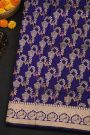 Banarasi Silk Navy Blue Saree With Florals And Leaves With Peacocks In Zari Border