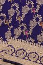 Banarasi Silk Navy Blue Saree With Florals And Leaves With Peacocks In Zari Border
