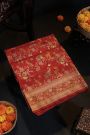 Banarasi Silk Brick Red Saree With Florals And Birds With Diamonds