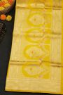 Banarasi Silk Yellow Saree With Florals And Leaves With Cross Lines Border