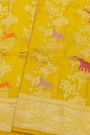 Banarasi Silk Yellow Saree With Florals And Leaves With Cross Lines Border