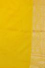 Banarasi Silk Yellow Saree With Florals And Leaves With Cross Lines Border