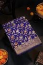 Banarasi Silk Navy Blue Saree With Florals In Cross Checks