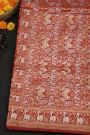Banarasi Silk Maroon Saree With Florals And Deers In Zari Border
