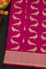 Banarasi Silk Pink Saree With Florals In Cross Checks With Zig-Zag Lines Border