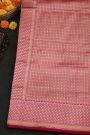 Banarasi Silk Pink Saree With Florals In Cross Checks With Zig-Zag Lines Border