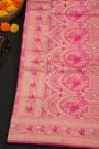 Banarasi Silk Pink Saree With Florals And Birds With Diamonds Border