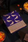 Banarasi Silk Navy Blue Saree With Florals In Cross Checks Border