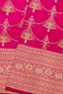 Banarasi Silk Pink Saree With Florals And Leaves In Lines Border