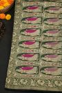 Banarasi Silk Bottle Green Saree With Florals And Leaves In Lines Border