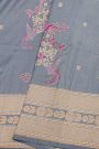 Banarasi Silk Slate Blue Saree With Florals And Zig-Zag Lines Border