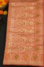 Banarasi Silk Peach Saree With Florals And Leaves In Zari Border