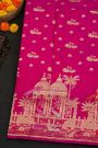 Banarasi Silk Pink Saree With Florals And Peacocks With Swans In Zari Border