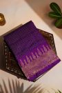 Fancy Matka Silk Purple Saree With Checks Body And Self Florals And Leaves Border