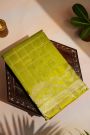 Fancy Matka Silk Mehendi Green Saree With Checks Body And Self Florals And Leaves Jaal Border