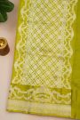 Fancy Matka Silk Mehendi Green Saree With Checks Body And Self Florals And Leaves Jaal Border