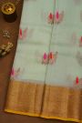 Fancy Organza Sea Green Saree With Florals And Buttis Body And Contrast Florals And Leaves Jaal With Kaddi Border