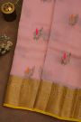 Fancy Organza Light Pink Saree With Florals And Buttis Body And Contrast Florals And Leaves Jaal Border
