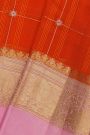 Fancy Organza Orange Saree With Checks And Buttis Body And Contrast Florals And Leaves Border
