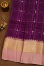 Fancy Organza Purple Saree With Checks And Buttis Body And Contrast Florals And Leaves Border