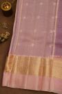 Fancy Organza Purple Saree With Checks And Buttis Body And Contrast Florals And Leaves Border