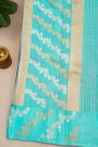Fancy Matka Silk Peacock Blue Saree With Florals And Buttis Body And Contrast Florals And Leaves Border