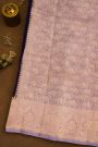 Fancy Organza Purple Saree With Zari Lines And Buttis Body And Contrast Florals And Leaves Border