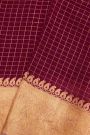 Fancy Organza Wine Saree With Checks Body And Contrast Florals And Leaves Border