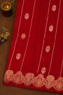 Fancy Organza Red Saree With Florals And Buttis Body And Self Florals And Leaves Border
