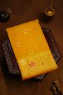 Fancy Organza Mustard Saree With Florals And Buttis Body And Self Florals And Leaves Jaal Border