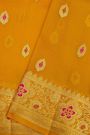 Fancy Organza Mustard Saree With Florals And Buttis Body And Self Florals And Leaves Jaal Border