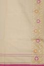 Banarasi Cotton Off White Saree With Florals And Leaves Border