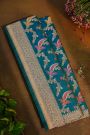 Banarasi Silk Peacock Blue Saree With Florals And Leaves Jaal Border