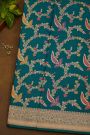 Banarasi Silk Peacock Blue Saree With Florals And Leaves Jaal Border
