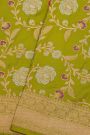 Banarasi Silk Mehendi Green Saree With Florals And Leaves Jaal Border