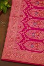 Banarasi Silk Magenta Saree With Florals And Leaves Jaal Border