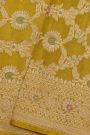 Banarasi Silk Mehendi Green Saree With Florals And Leaves Border