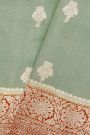 Fancy Matka Silk Sage Green Saree With Florals And Buttis Body And Contrast Florals And Leaves Jaal Border