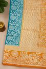 Fancy Matka Silk Peacock Blue Saree With Florals And Buttis Body And Contrast Florals And Leaves Jaal Border