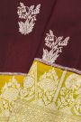 Fancy Matka Silk Dark Wine Saree With Florals And Buttis Body And Contrast Florals And Leaves Border
