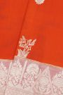 Fancy Matka Silk Orange Saree With Florals And Buttis Body And Contrast Florals And Leaves Border