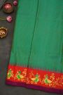 Gadwal Silk Bottle Green Saree With Floral Jaal With Peacocks In Hand Printed Border
