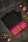 Gadwal Silk Black Saree With Florals and Leaves Jaal With Hand Made Border