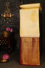 Kancheepuram Silk Cream Saree With Animal Buttis Body And Contrast Florals And Leaves With Animals Border