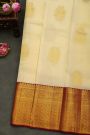 Kancheepuram Silk Cream Saree With Animal Buttis Body And Contrast Florals And Leaves With Animals Border
