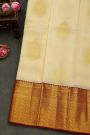 Kancheepuram Silk Off White Saree With Florals And Buttis Body And Contrast Florals And Leaves With Animals Border